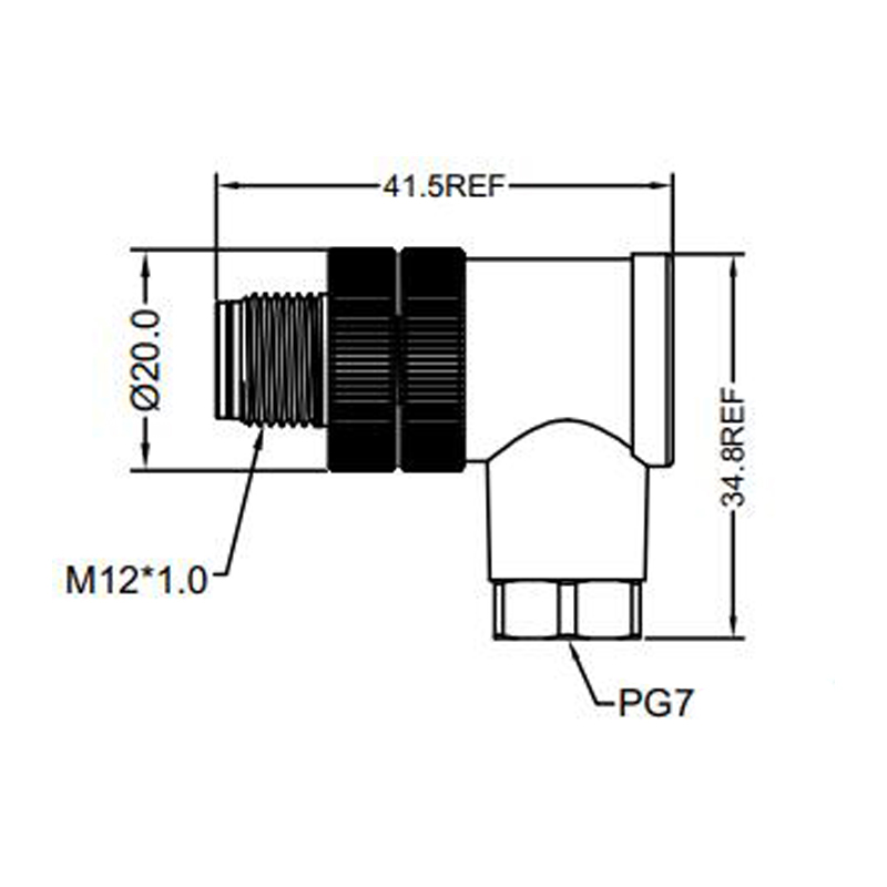 M12 4pins A code male right angle plastic assembly connector PG7 thread, unshielded,suitable cable outer diameter 4.0mm-6.0mm